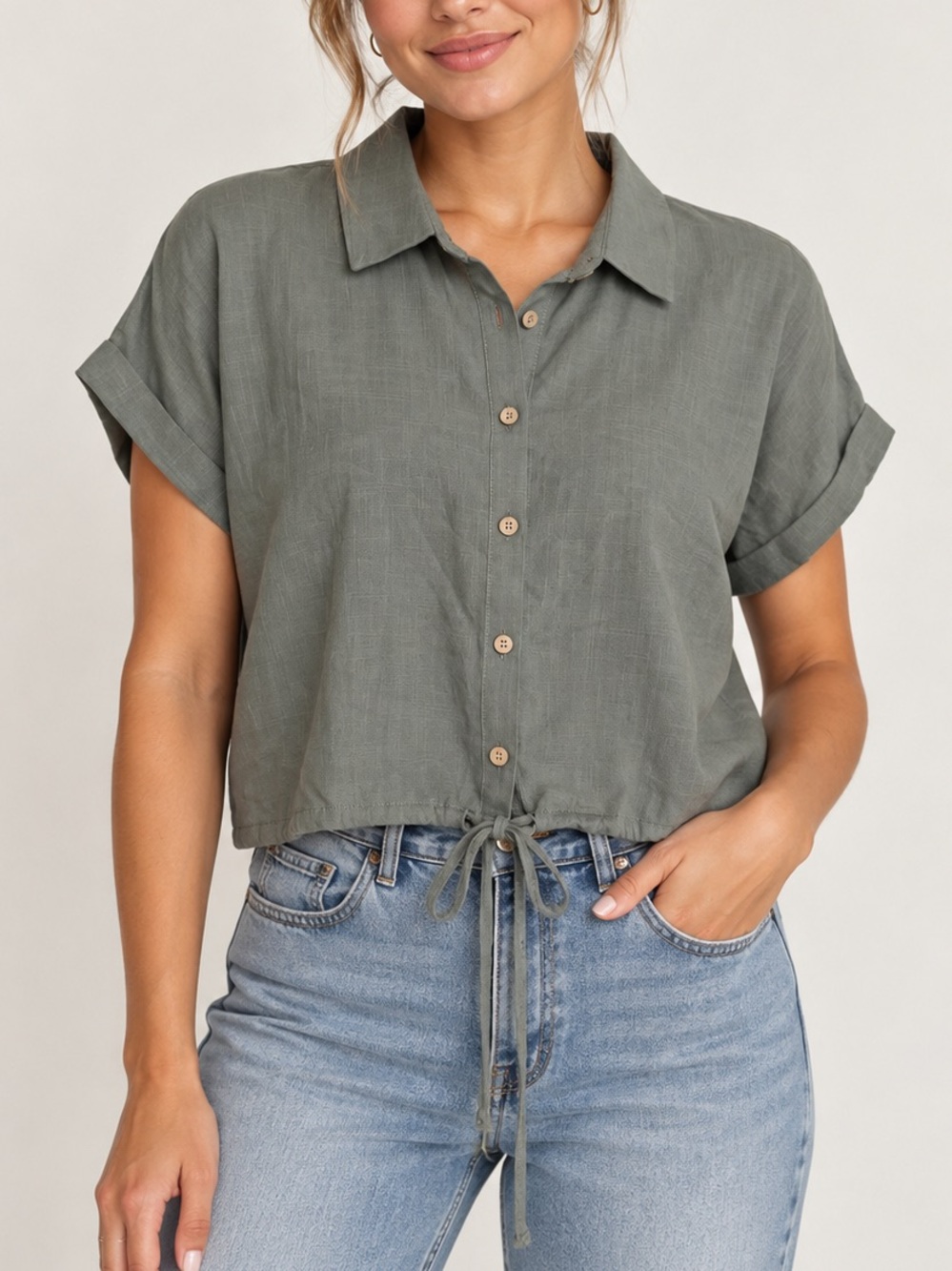 Love Nation Sage Green Cropped Button Down Shirt Size M 100% Cotton NWT
